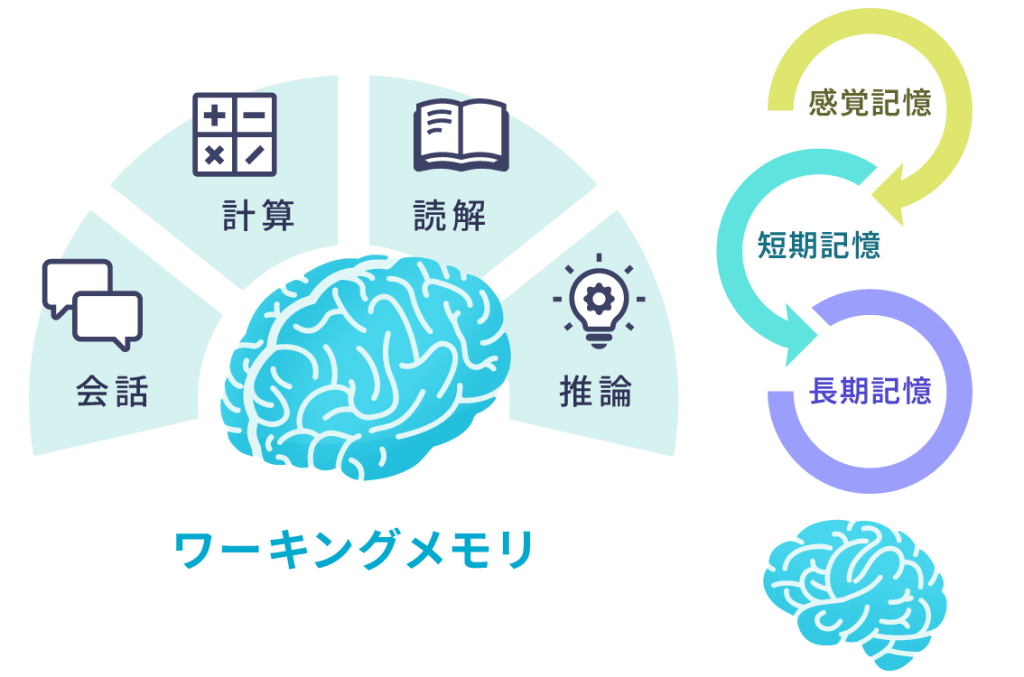 短期記憶とワーキングメモリのイラスト。ワーキングメモリは会話、計算、読解、推論に使われます